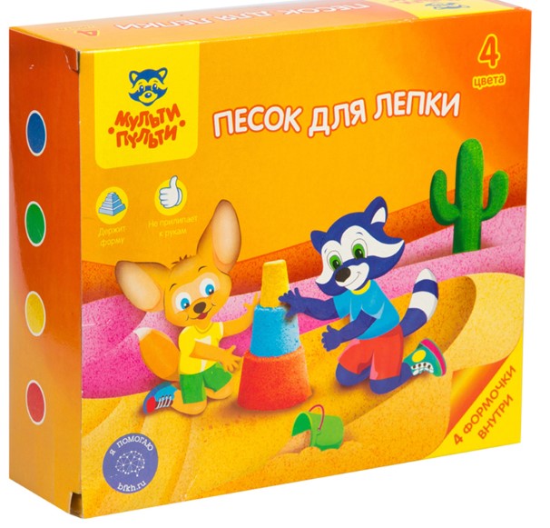 Песок для лепки Мульти-Пульти 'Енот в пустыне', 4 цвета, 480 г, в баночке, 4 формочки, ПН_16958;536