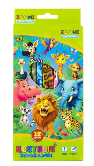 Карандаши цветные Zoomi 12 цв, ZOO. Джунгли деревянные, грифель 3.0 мм, ZM507-12	